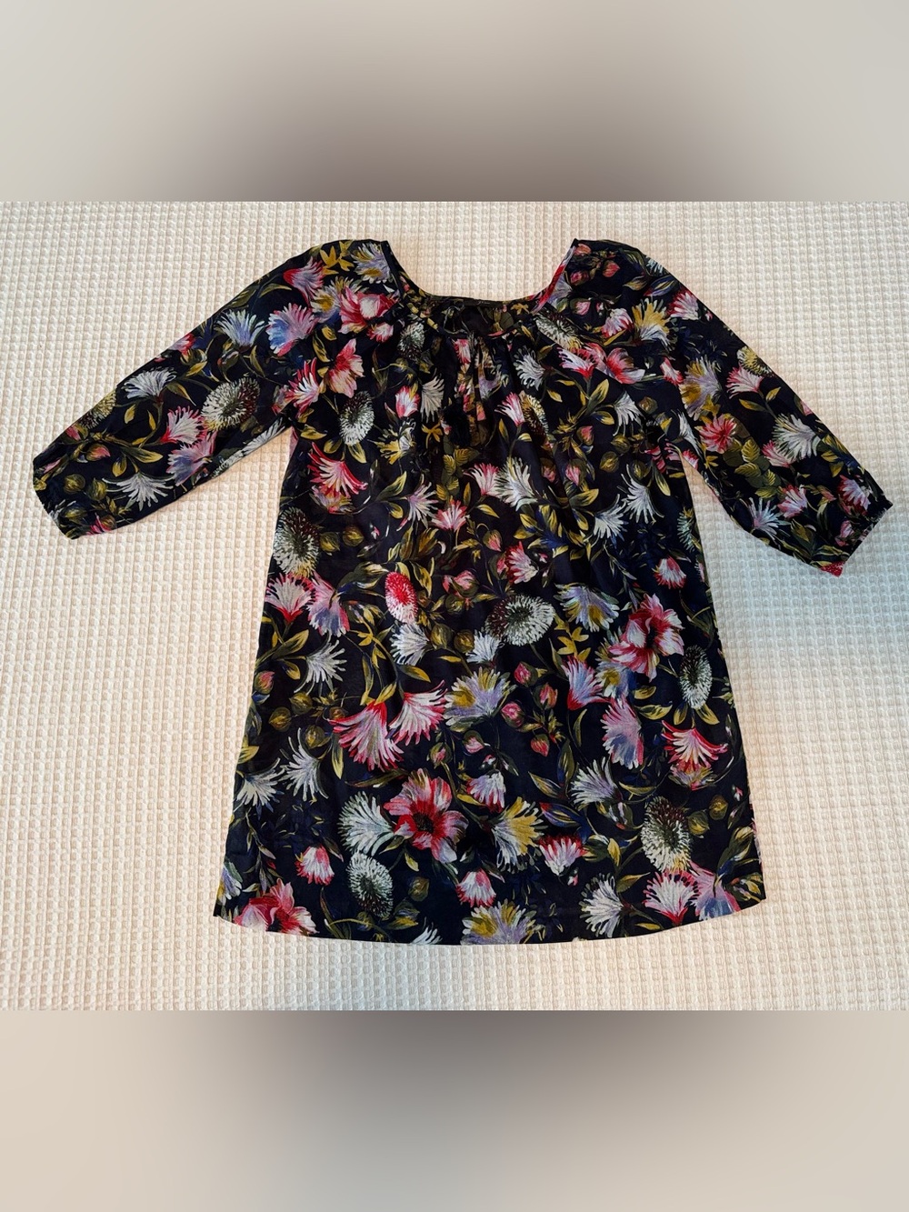 J. Crew Black Floral Three-Quarter Sleeve Peasant Dress